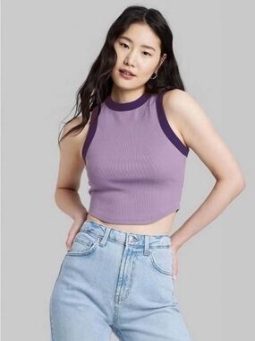 wild fable Lavender Ribbed Contrast-Trim Cropped Tank SizeL